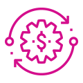 Illustrated icon showing a gear with a cash symbol inside. 