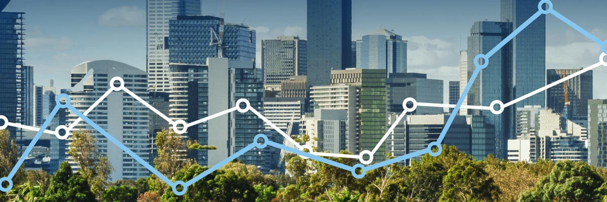 City skyline with chart line