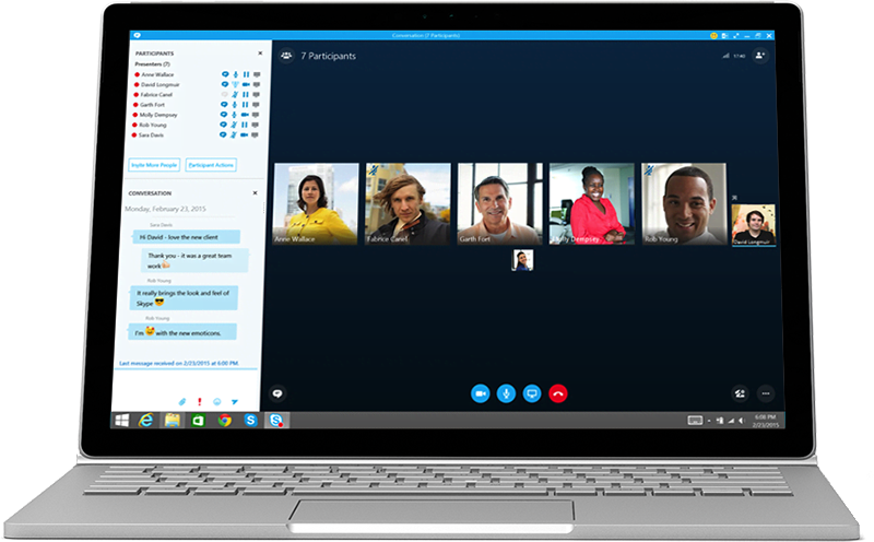 Skype online meeting with 6 members dialed in displayed on notebook computer