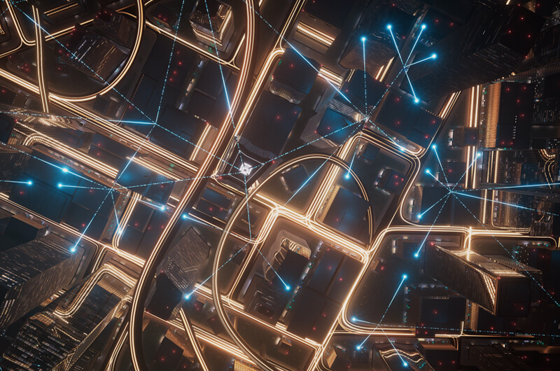 Birds eye view of a city traffic, with lights at night.